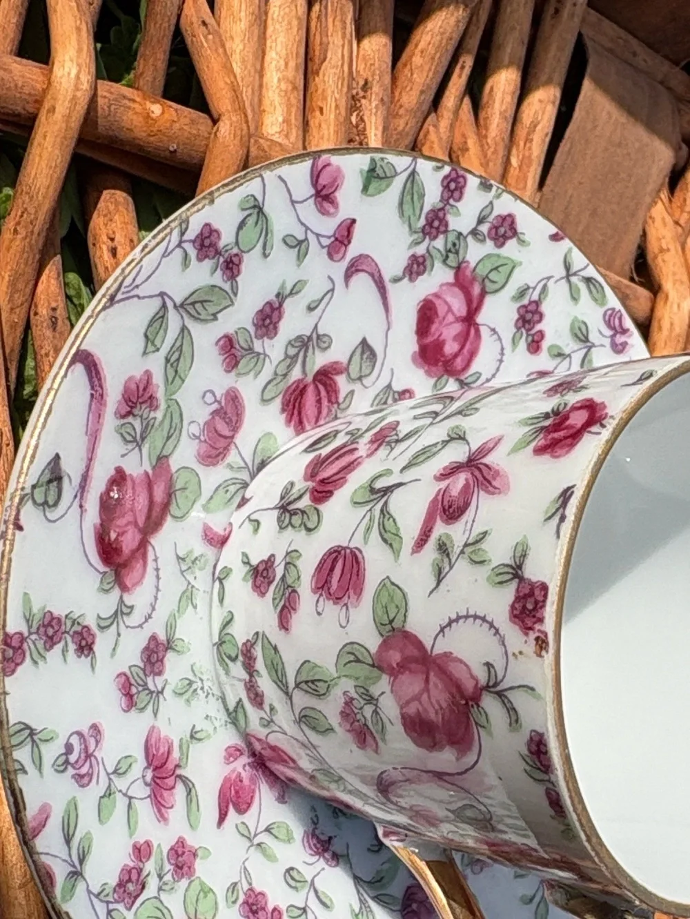 Floral Porcelain Espresso Cup & Saucer with Gold Trim - Pink Floral